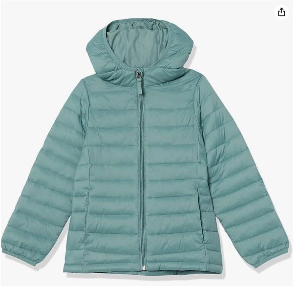 Amazon Essentials Girls Lightweight Hooded Puffer Jacket, Teal/Green, Medium/8